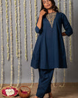 Navy Blue Embroidered Kurta and Shalwar Set