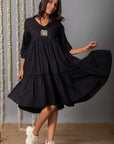 V Neck Cotton Mul Black Graduated Dress