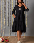 V Neck Cotton Mul Black Graduated Dress