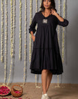 V Neck Cotton Mul Black Graduated Dress