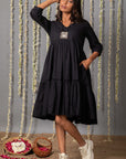 V Neck Cotton Mul Black Graduated Dress