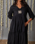 V Neck Cotton Mul Black Graduated Dress