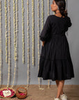 V Neck Cotton Mul Black Graduated Dress