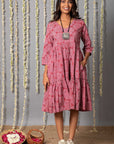 V neck Pink Ajrak Print Graduated Dress