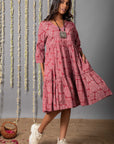 V neck Pink Ajrak Print Graduated Dress