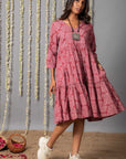 V neck Pink Ajrak Print Graduated Dress