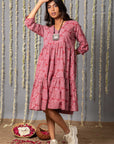 V neck Pink Ajrak Print Graduated Dress