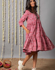 V neck Pink Ajrak Print Graduated Dress