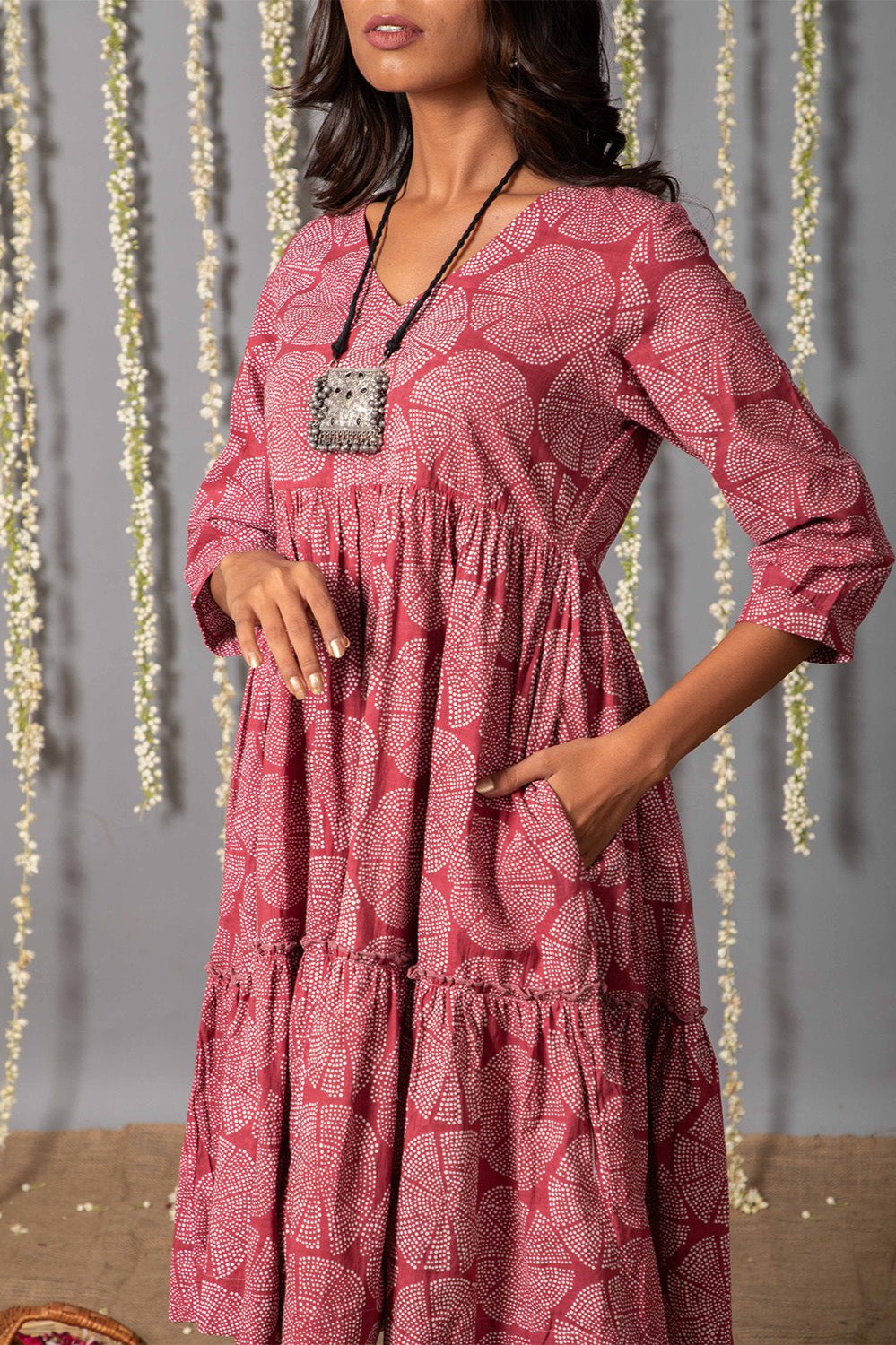 V neck Pink Ajrak Print Graduated Dress