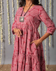 V neck Pink Ajrak Print Graduated Dress