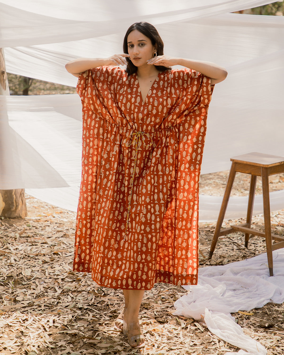 V neck Red Cotton Kaftan