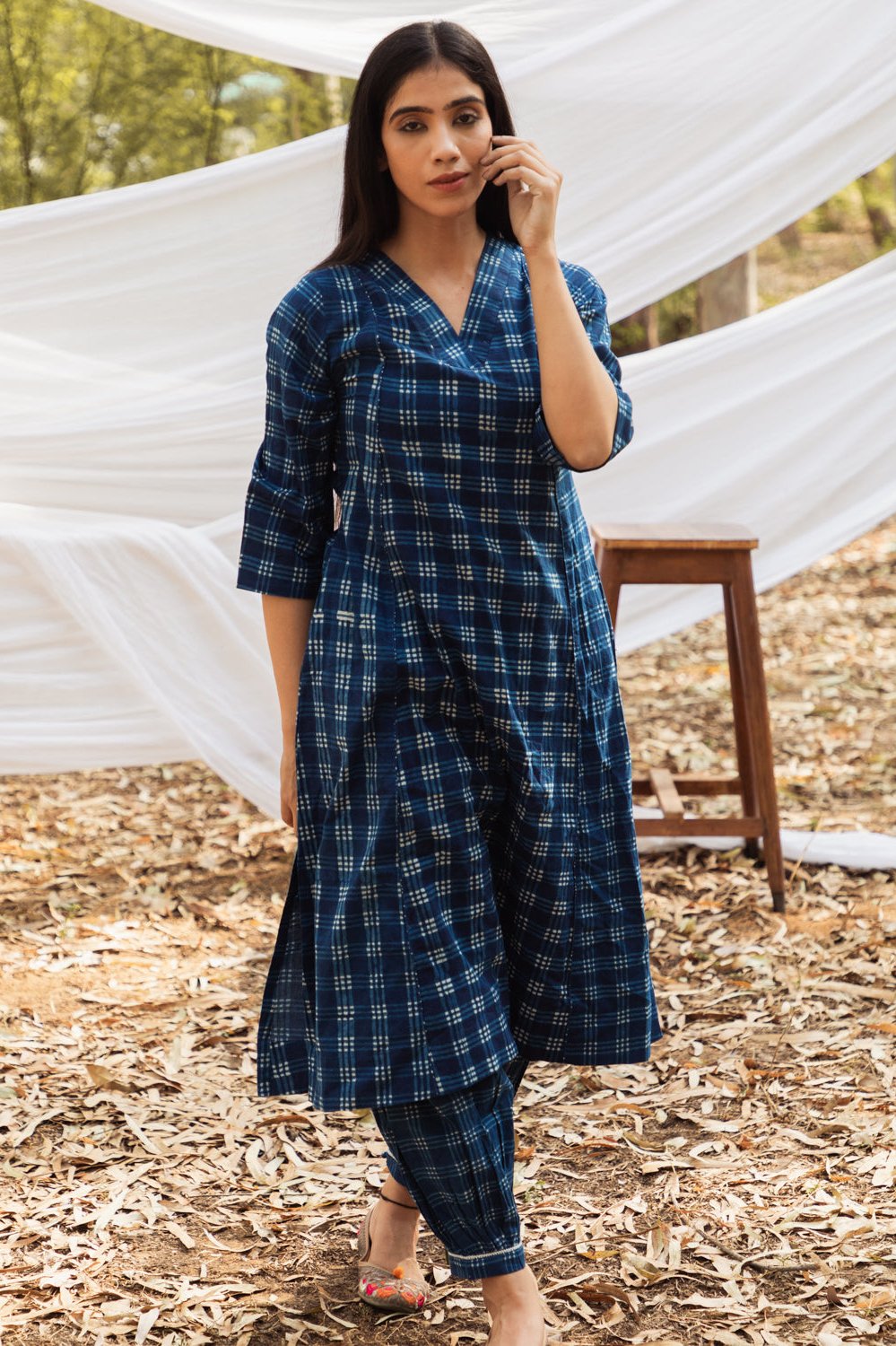 Maira V Neck Indigo A Line Kurta with Harem Pant