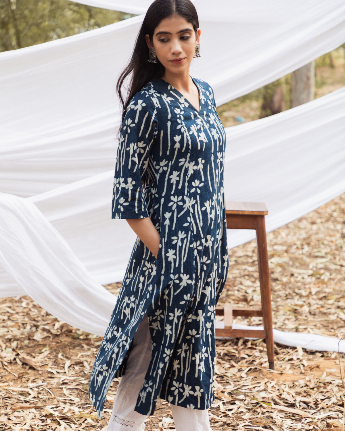 Maira Indigo Floral V Neck A Line Kurta