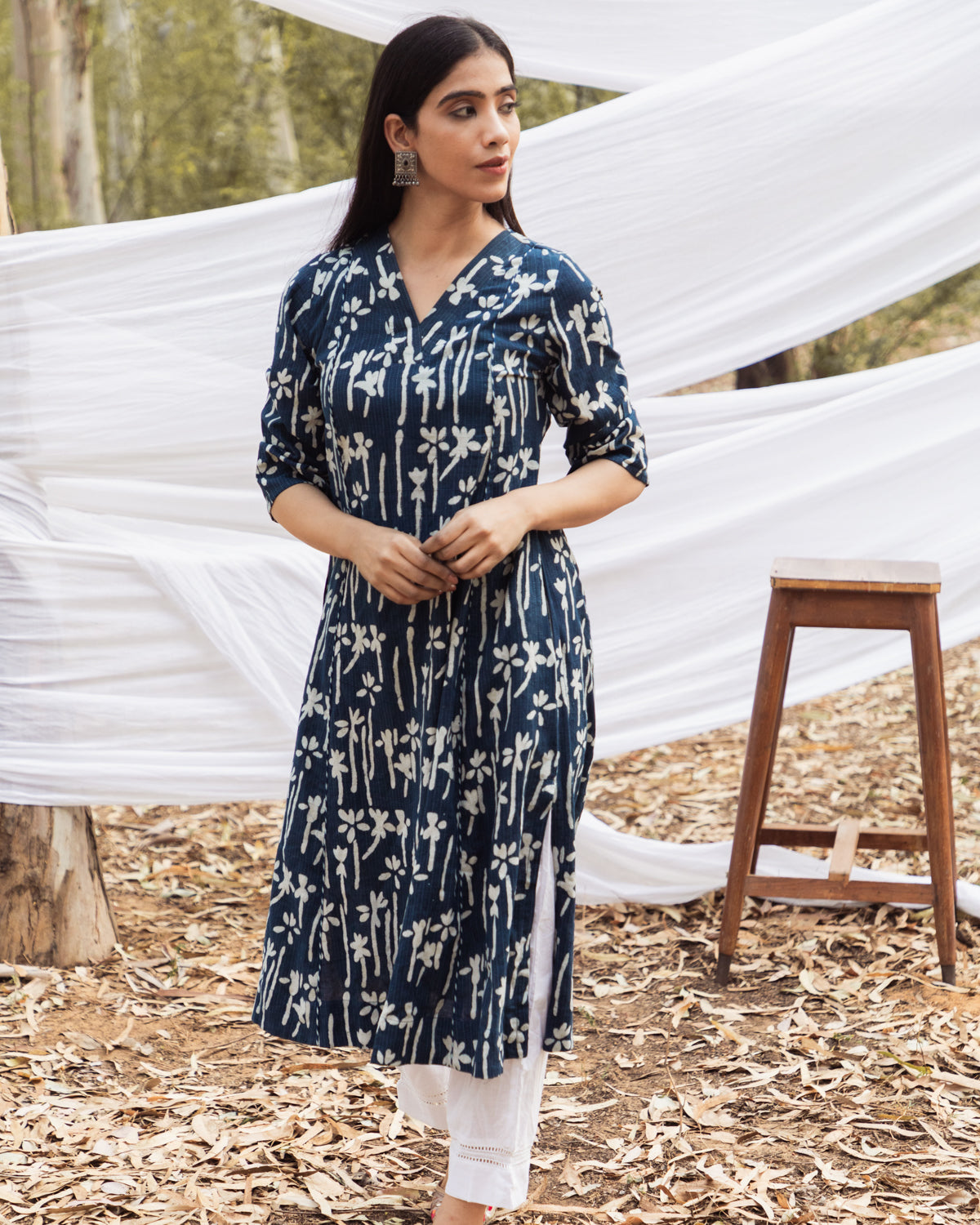 Maira Indigo Floral V Neck A Line Kurta