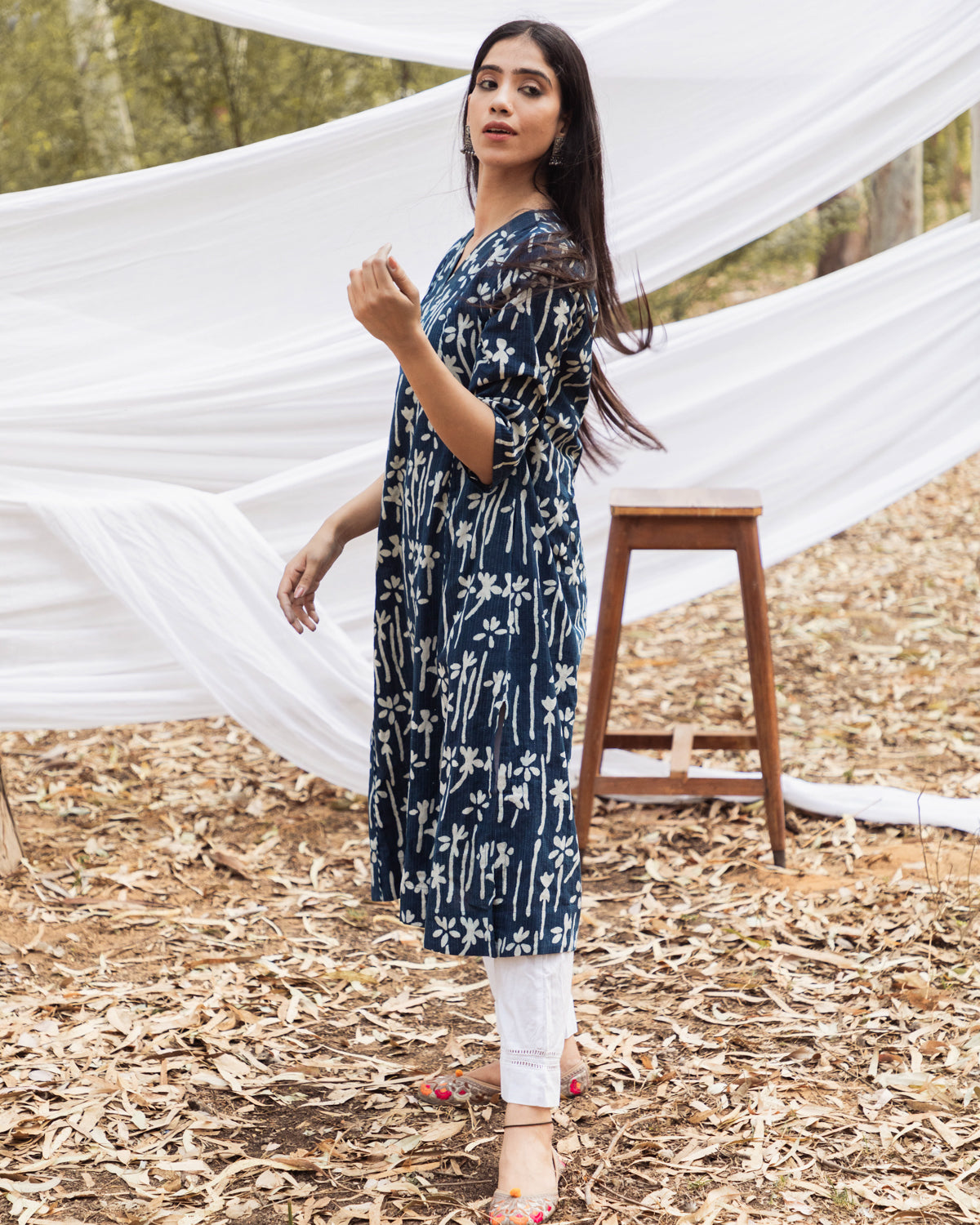 Maira Indigo Floral V Neck A Line Kurta