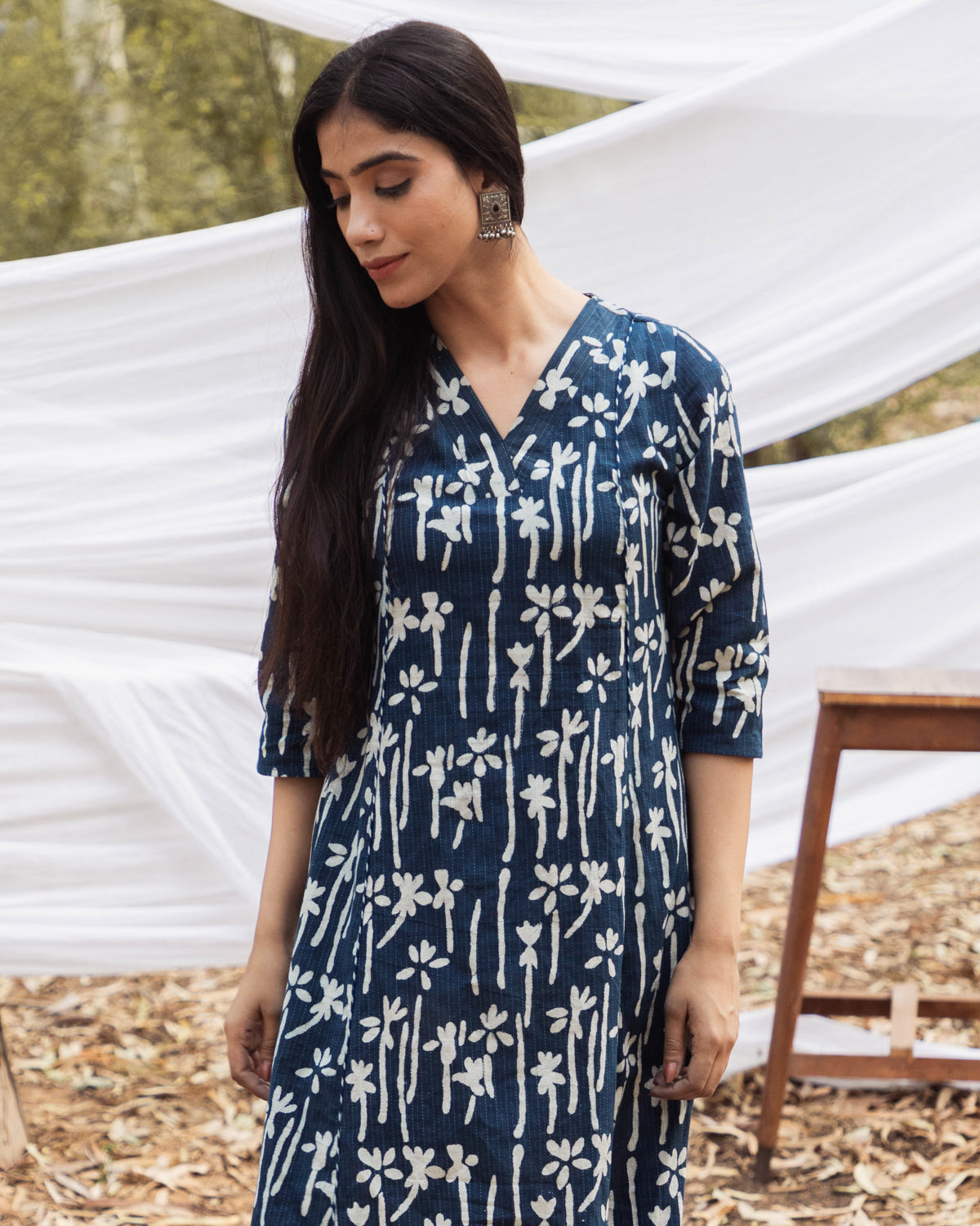 Maira Indigo Floral V Neck A Line Kurta