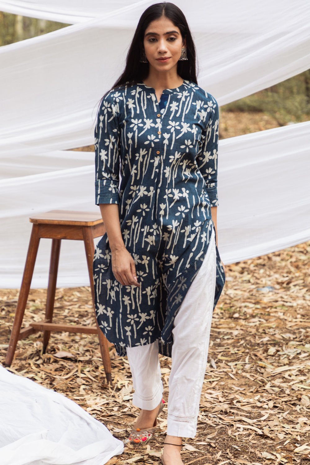 Samiya Handblock Indigo Floral Long Kurta with Harem Pant - Set of 2