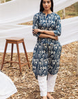 Samiya Handblock Indigo Floral Long Kurta with Harem Pant - Set of 2