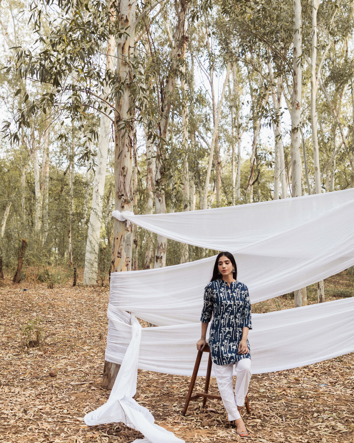 Floral Handblock Indigo Short Samiya Kurta with White Pant