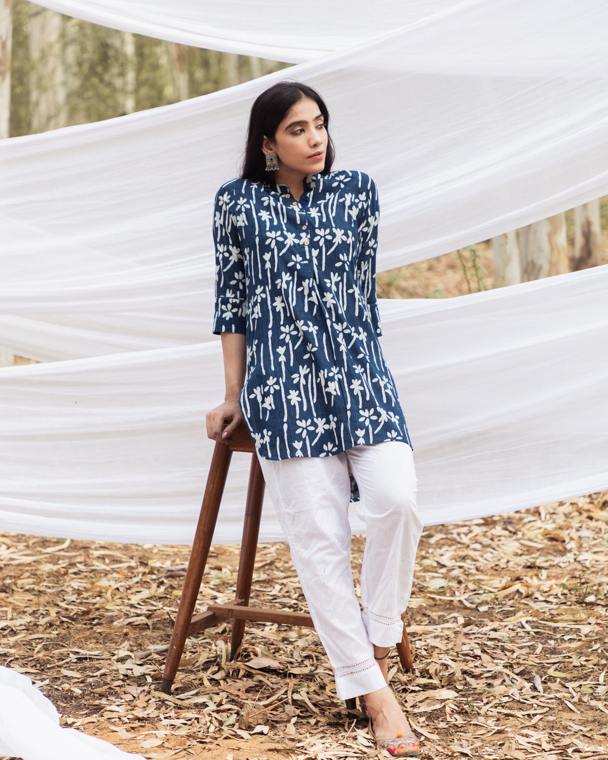 Floral Handblock Indigo Short Samiya Kurta with White Pant Set