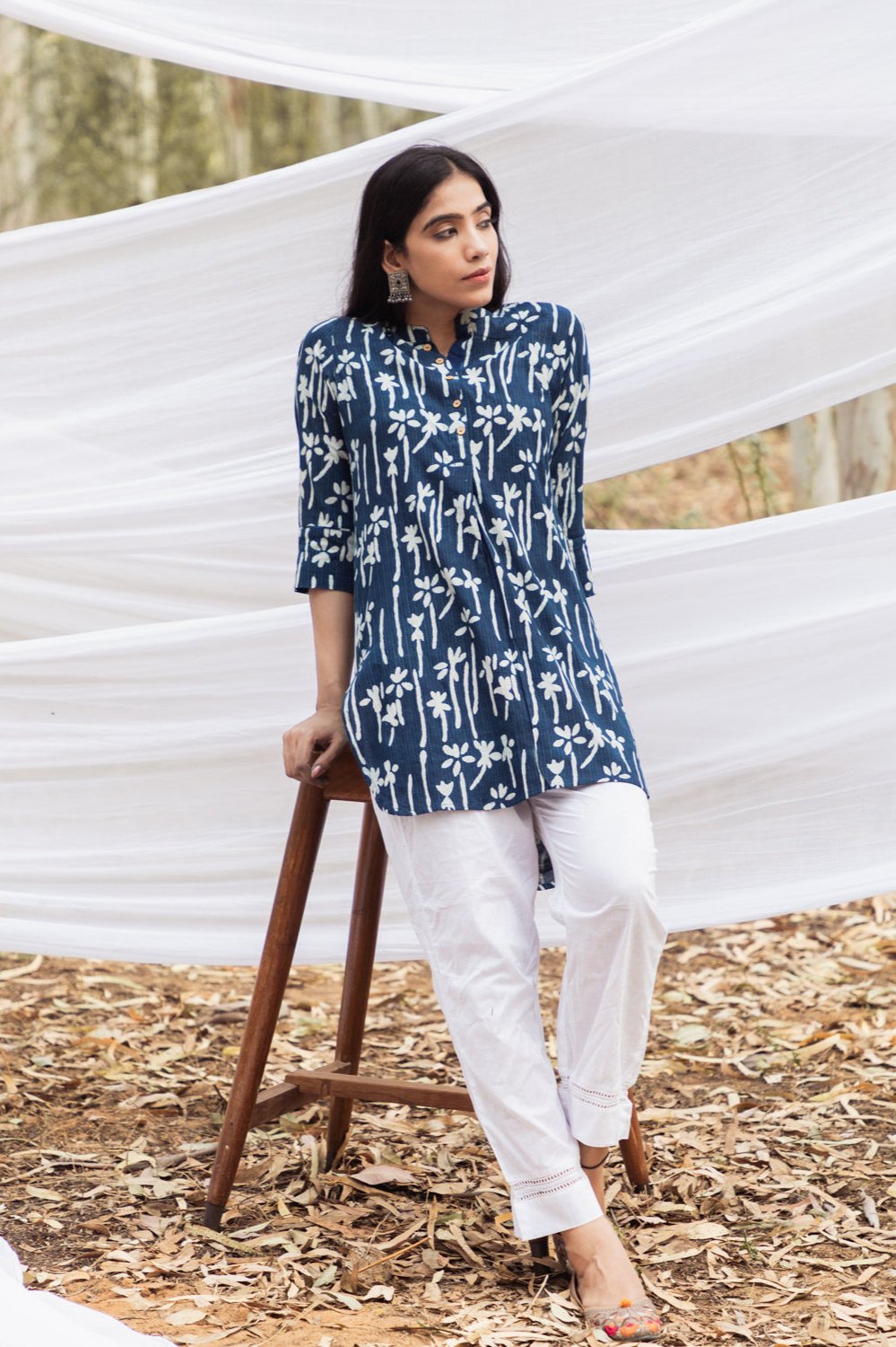 Floral Handblock Indigo Short Samiya Kurta with White Pant Set