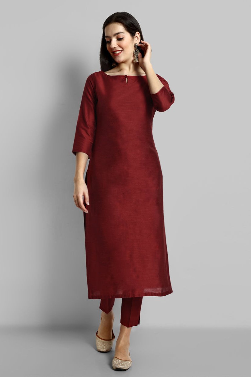 Deep Red Key hole Boat Neck Kurta