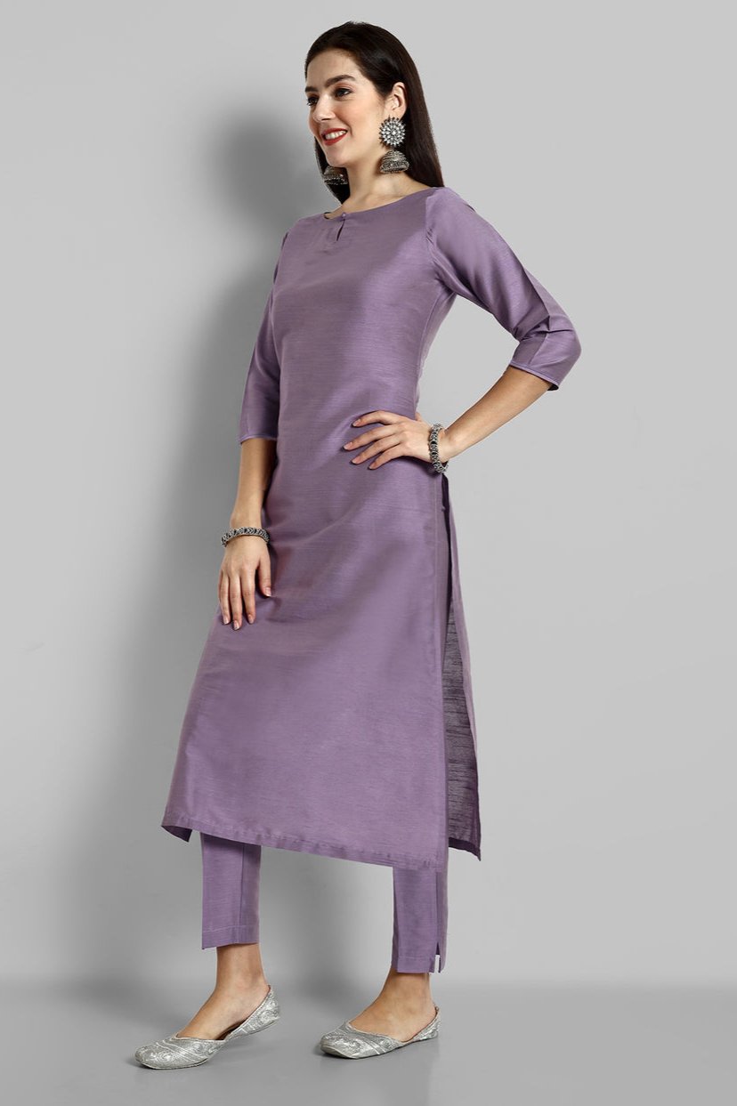 Mouve Cotton Silk Boat Neck Key Hole Kurta