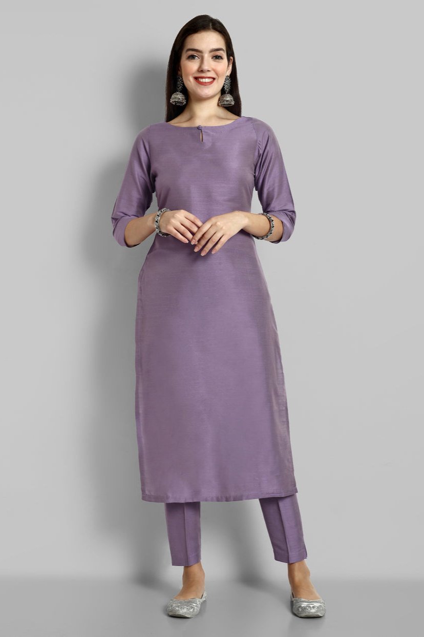 Mouve Cotton Silk Boat Neck Key Hole Kurta