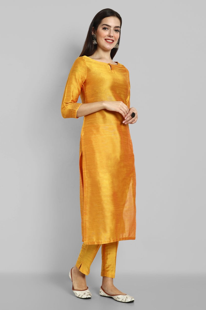 Mustard Cotton Silk Boat Neck Kurta