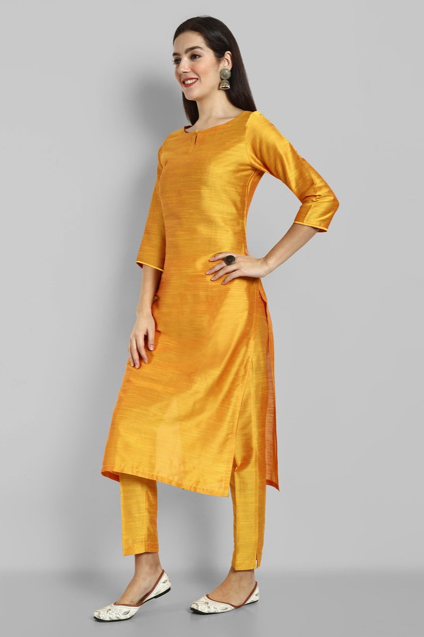 Mustard Cotton Silk Boat Neck Kurta