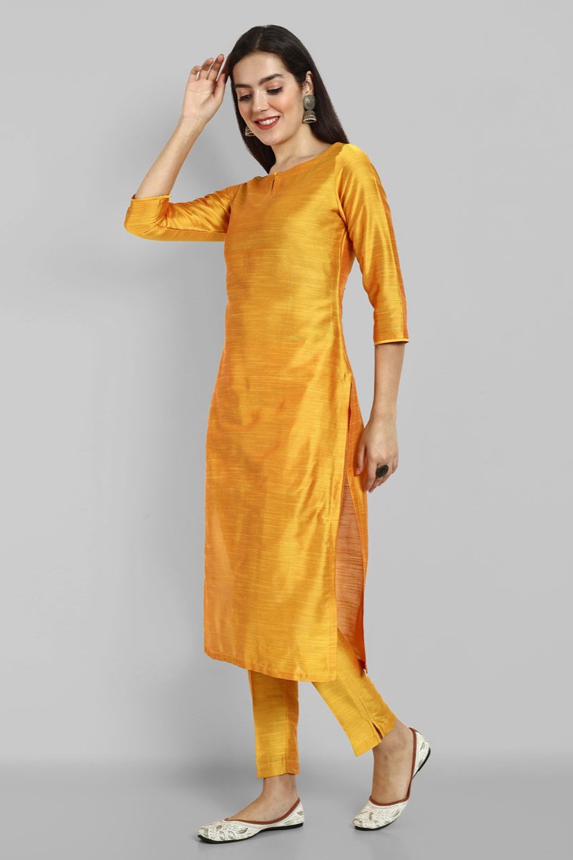 Mustard Cotton Silk Boat Neck Kurta