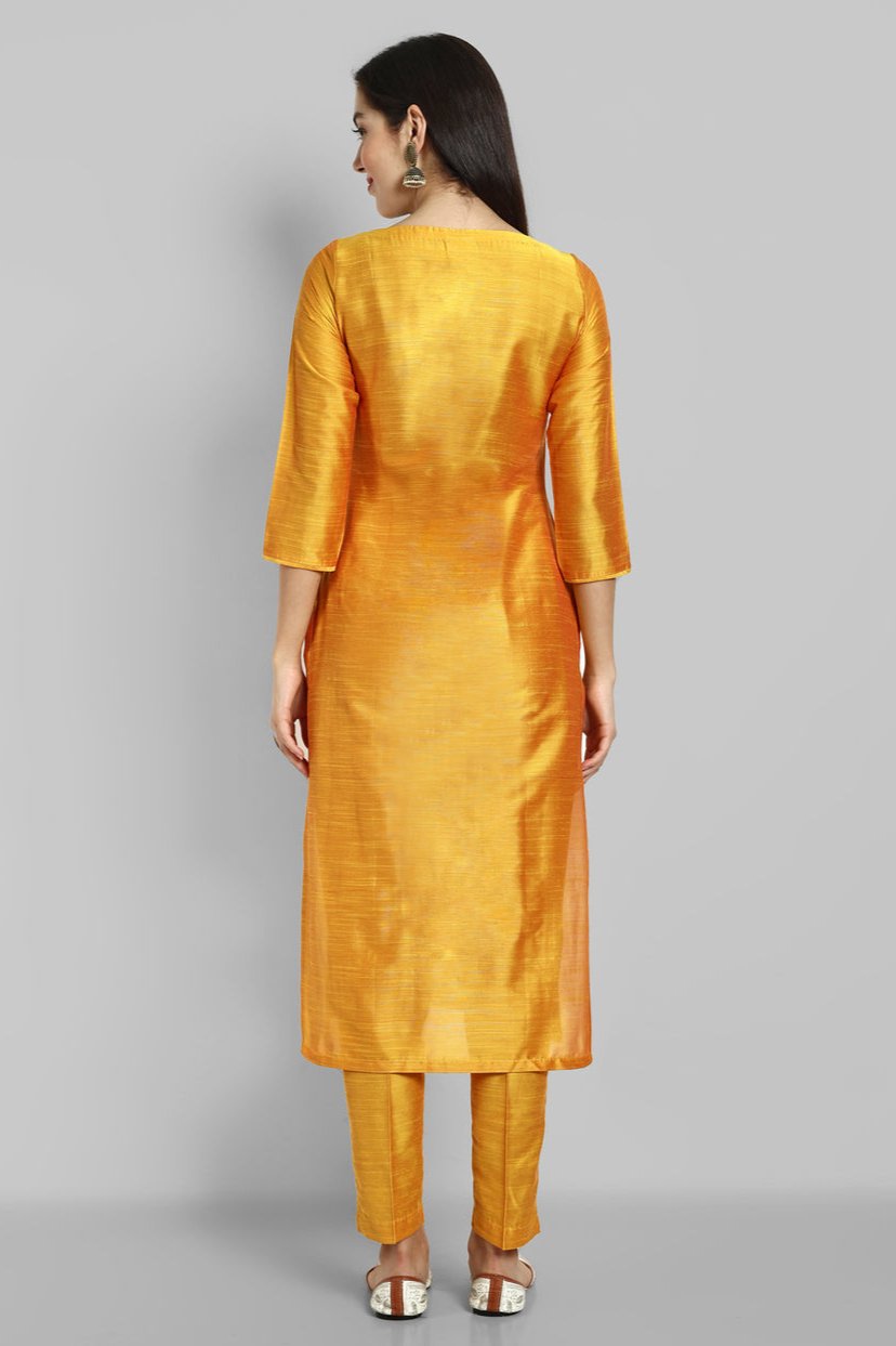 Mustard Cotton Silk Boat Neck Kurta