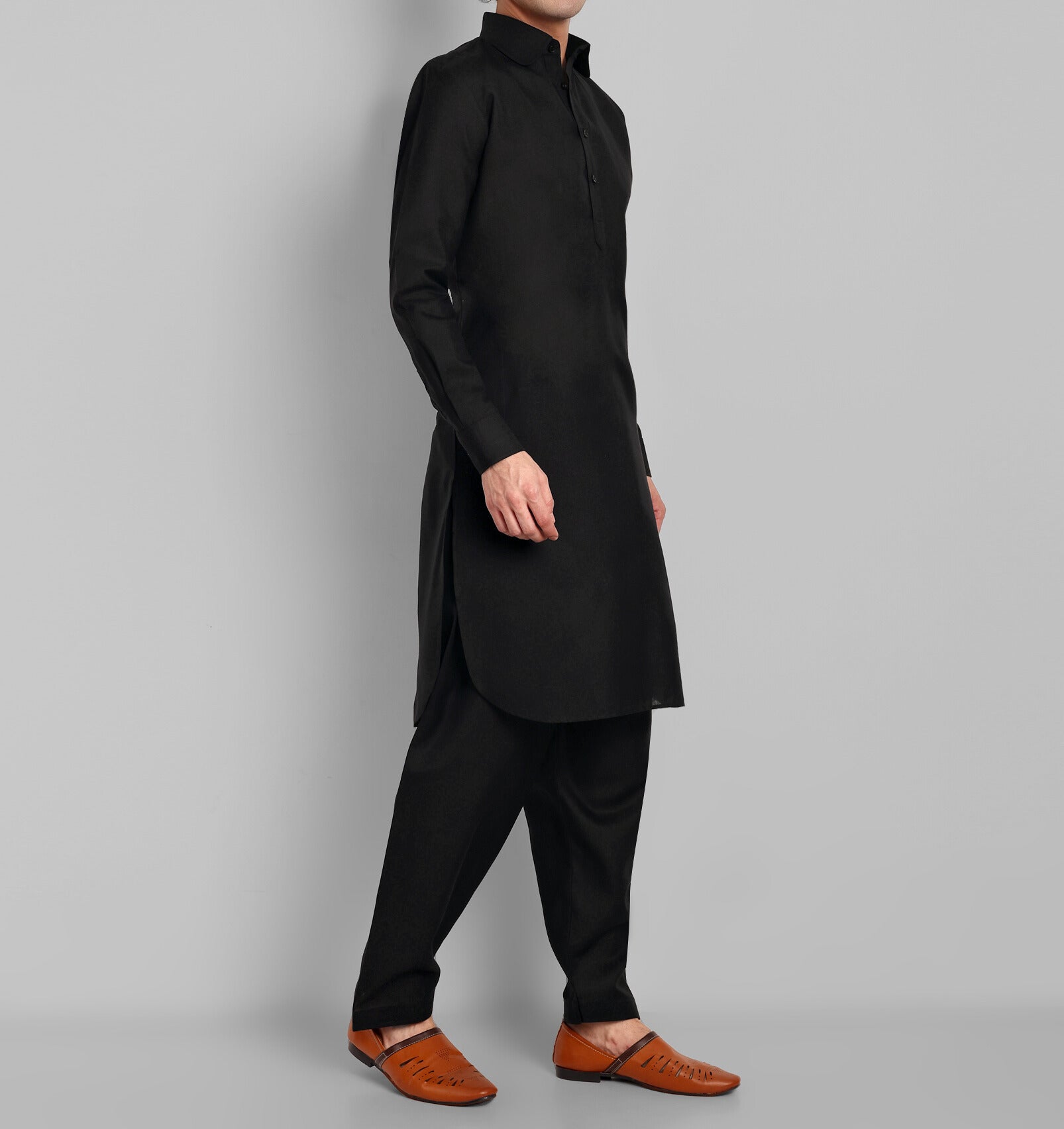 Black Cotton-Linen Pathani Suit for Men