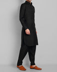 Black Cotton-Linen Pathani Suit for Men