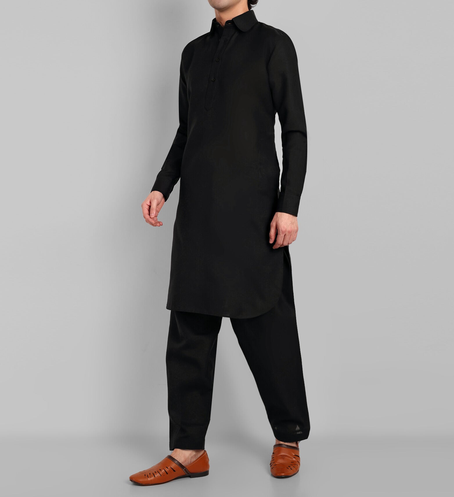 Black Cotton-Linen Pathani Suit for Men