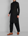 Black Cotton-Linen Pathani Suit for Men