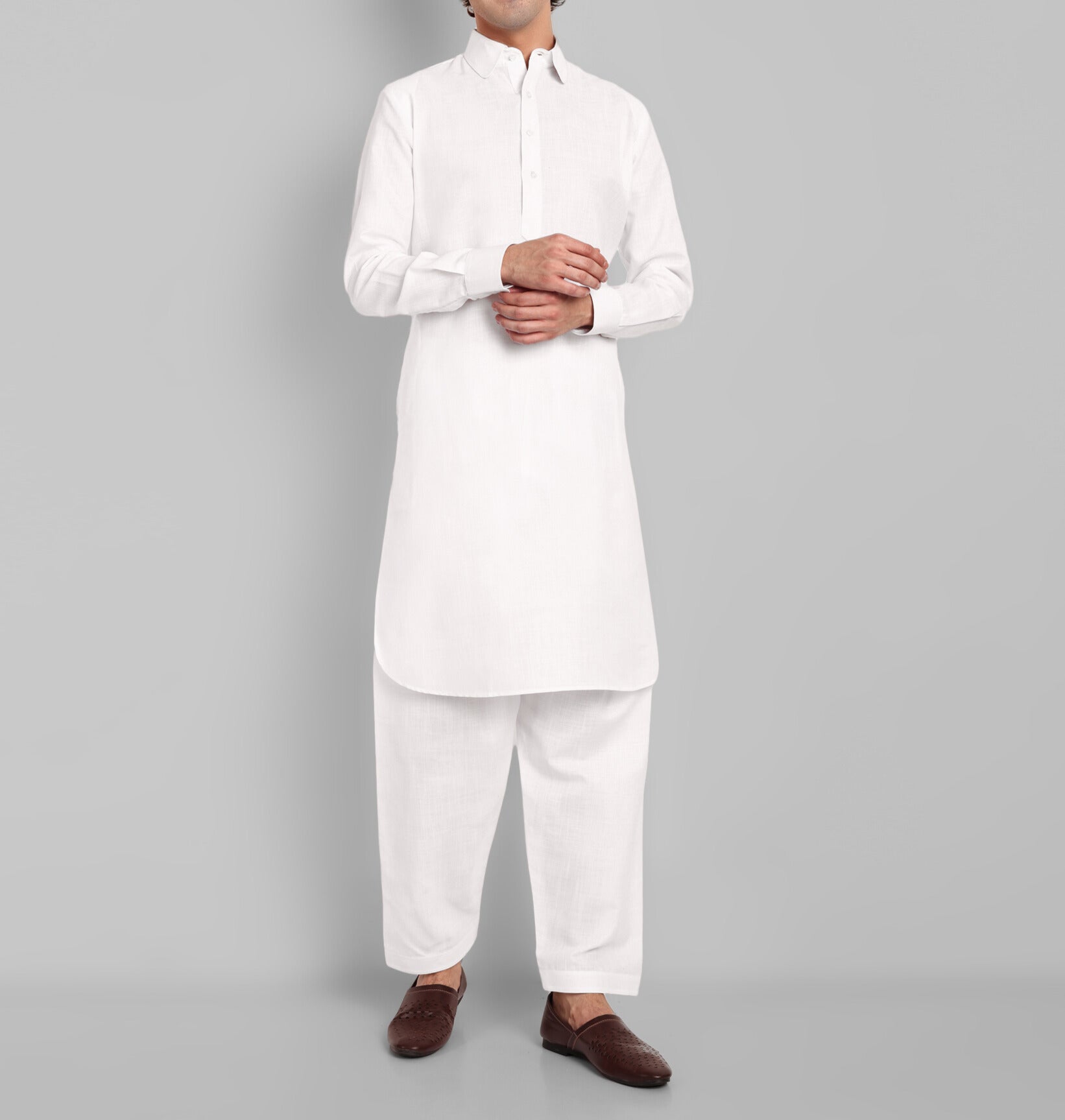 White Cotton-Linen Pathani Suit