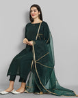 Emerald Bottle Green boat neck kurta paired with elasticated pants and an organza dupatta - a stylish set of three for a sophisticated and coordinated look