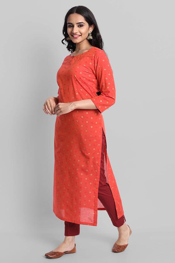 Gray Red Woven Teekee Cotton Kurta