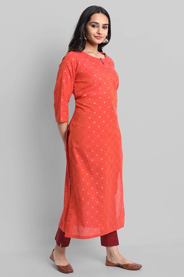 Gray Red Woven Teekee Cotton Kurta