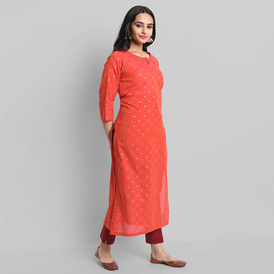 Gray Red Woven Teekee Cotton Kurta