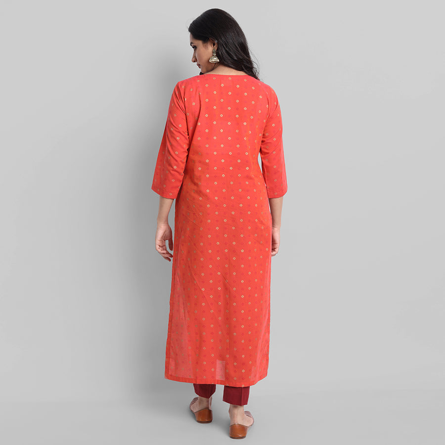 Gray Red Woven Teekee Cotton Kurta