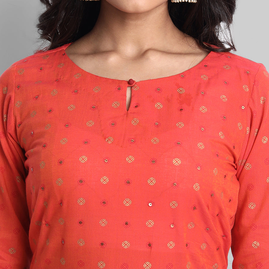 Tomato Red Woven Teekee Cotton Kurta