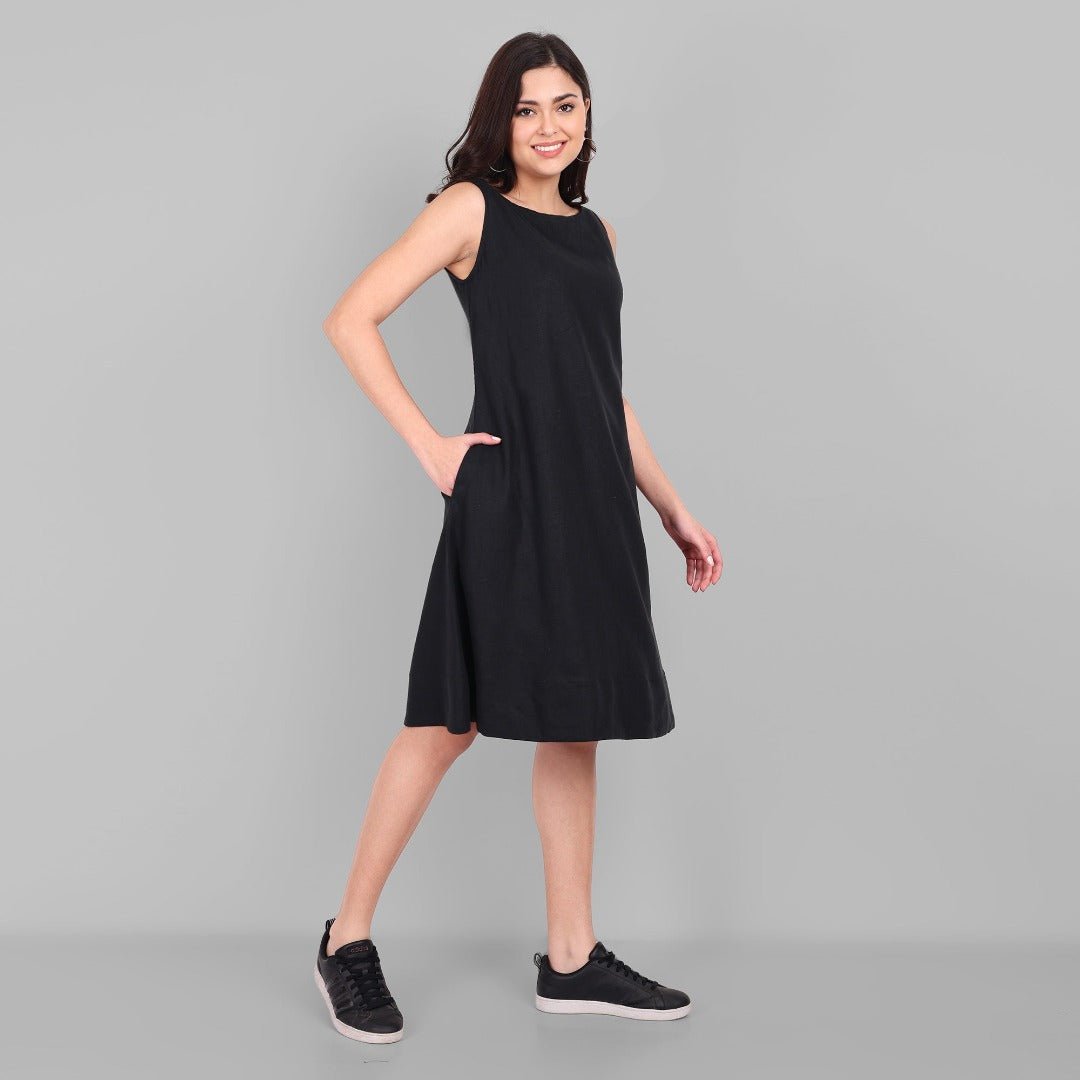 Gray A-line Black Linen Knee Length Dress