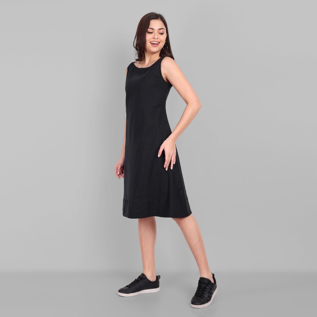 Gray A-line Black Linen Knee Length Dress