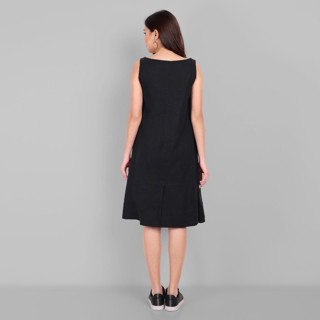 Gray A-line Black Linen Knee Length Dress