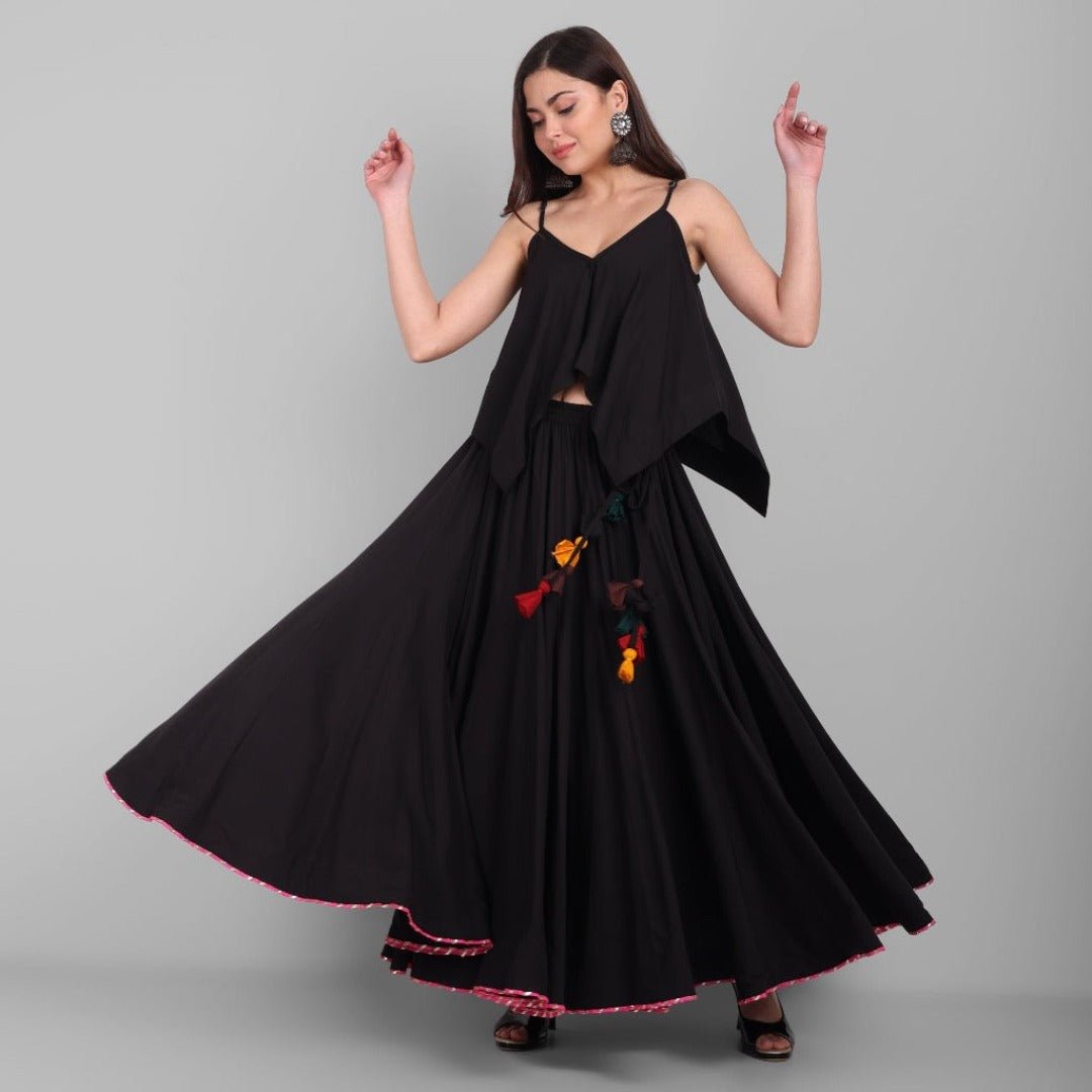 Black Handkerchief Crop Top with 100 Kalis Skirt Set