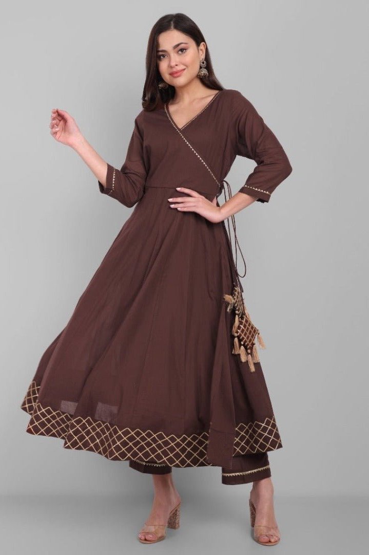 Brown Angrakha Kurta With Dupatta