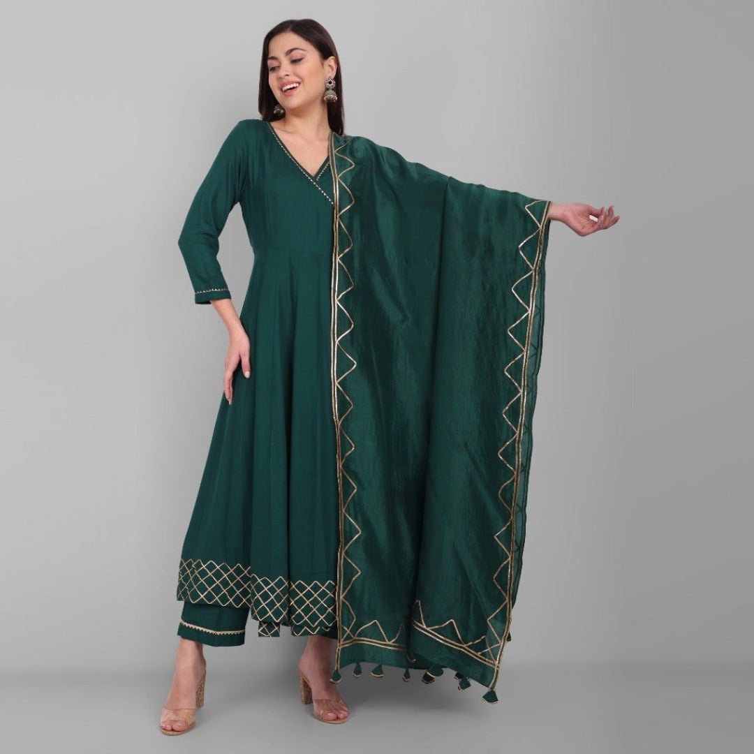 Amreen Dark Green Angrakha Pant and Dupatta