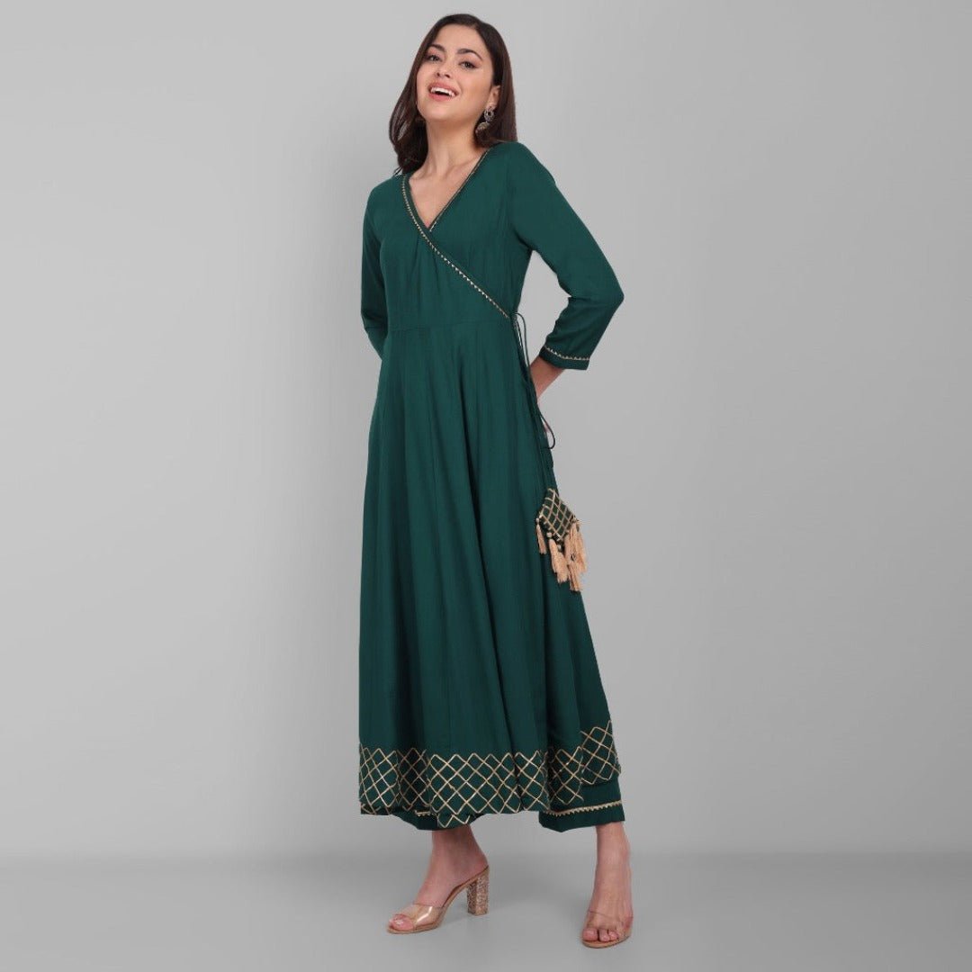 Amreen Dark Green Angrakha Pant and Dupatta